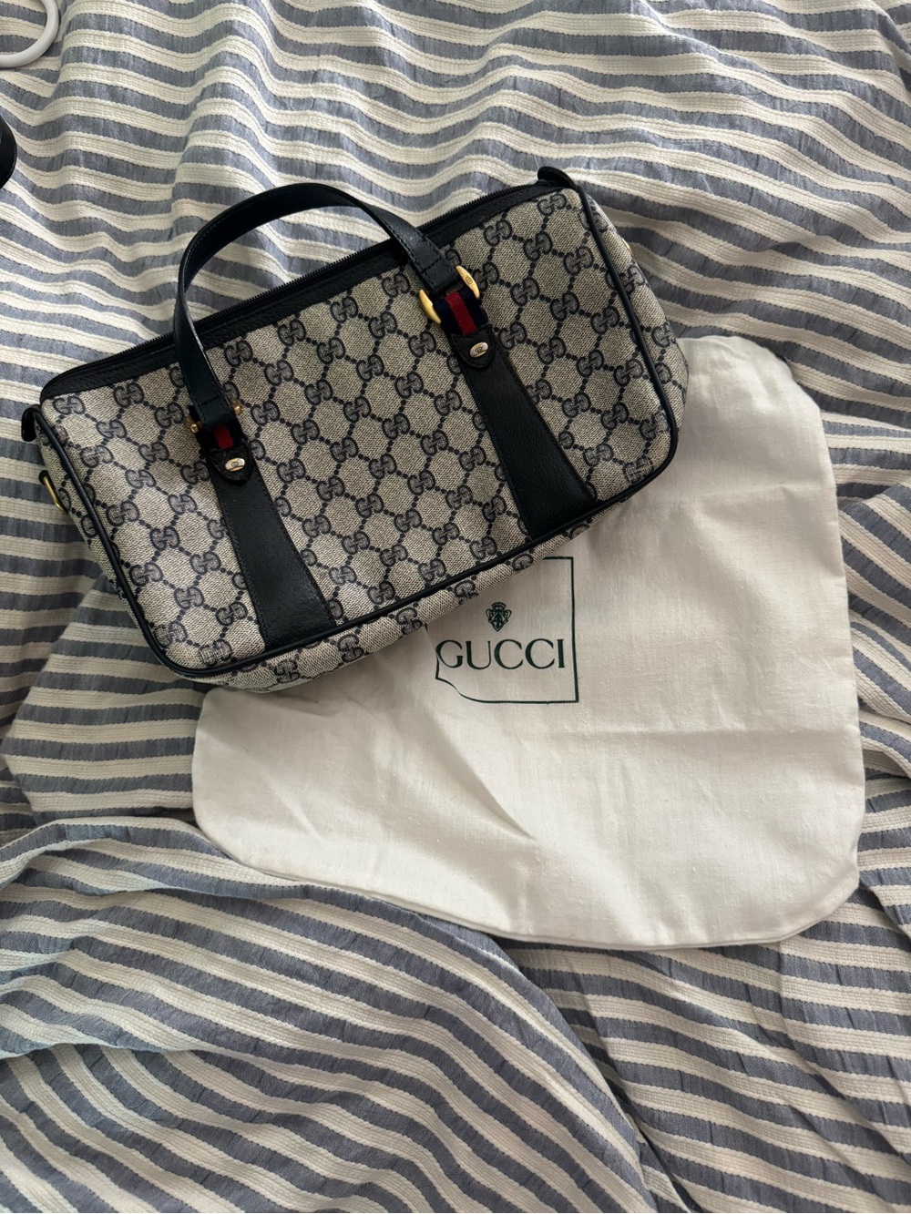 Gucci Beige GG Canvas Shoulder Bag with Black Leather Trim and Red-Blue Web